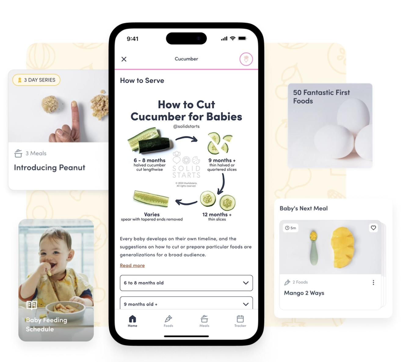 Solid Starts 앱 화면 — Cucumber 카드 (6~8개월·9개월+·12개월+ 자르는 법) · 50 Fantastic First Foods · Baby Feeding Schedule · Mango 2 Ways