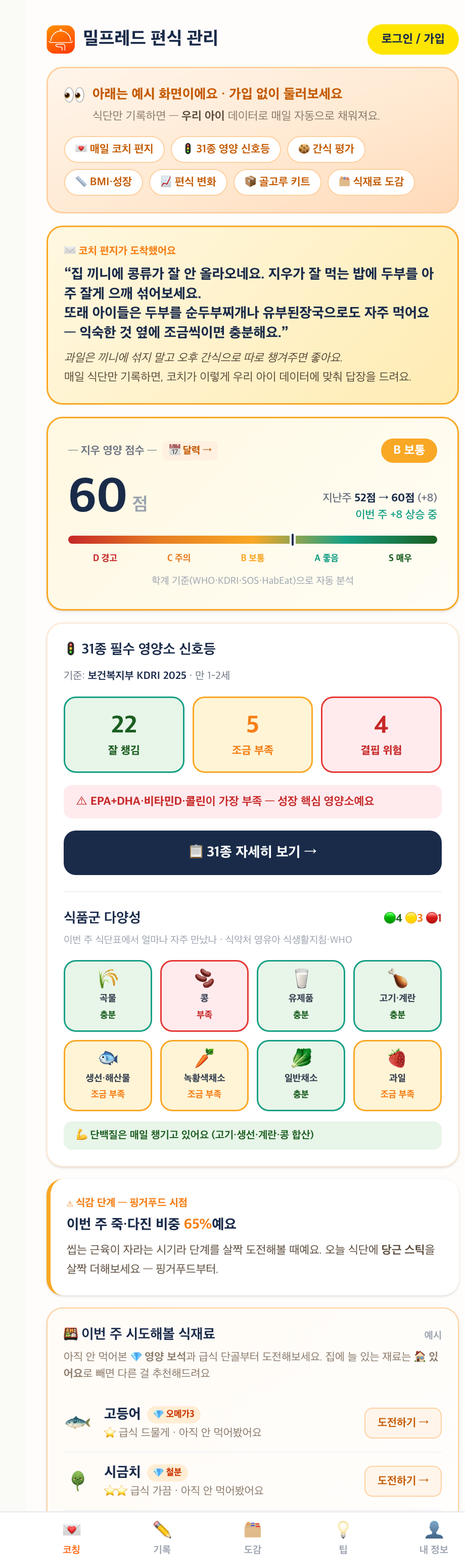 밀프레드 앱 실제 화면 — 코치 편지·31종 영양 신호등·식품군 다양성·성장
